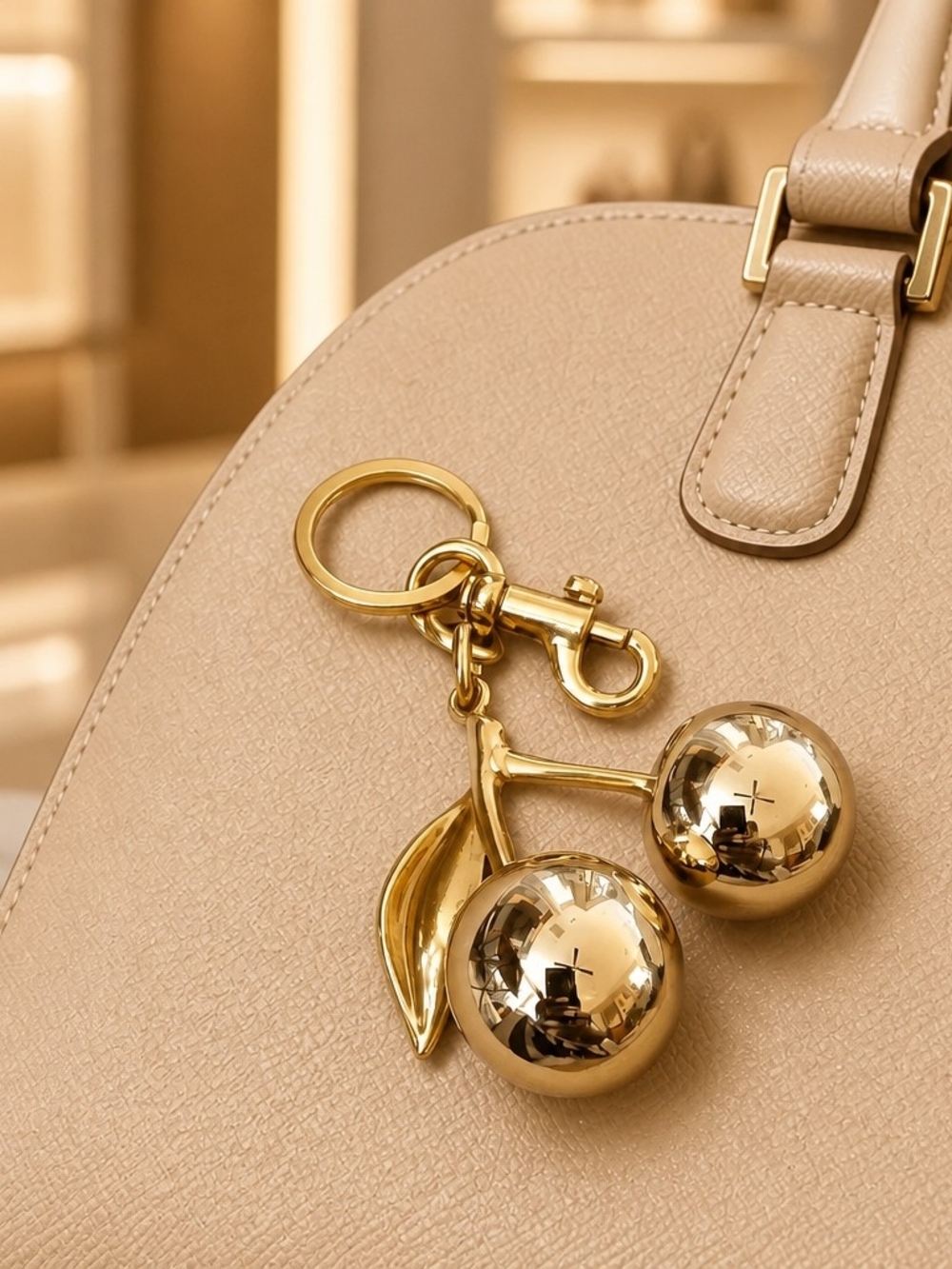 High-Shine Metallic Gold Cherry Bag Charm & Keychain